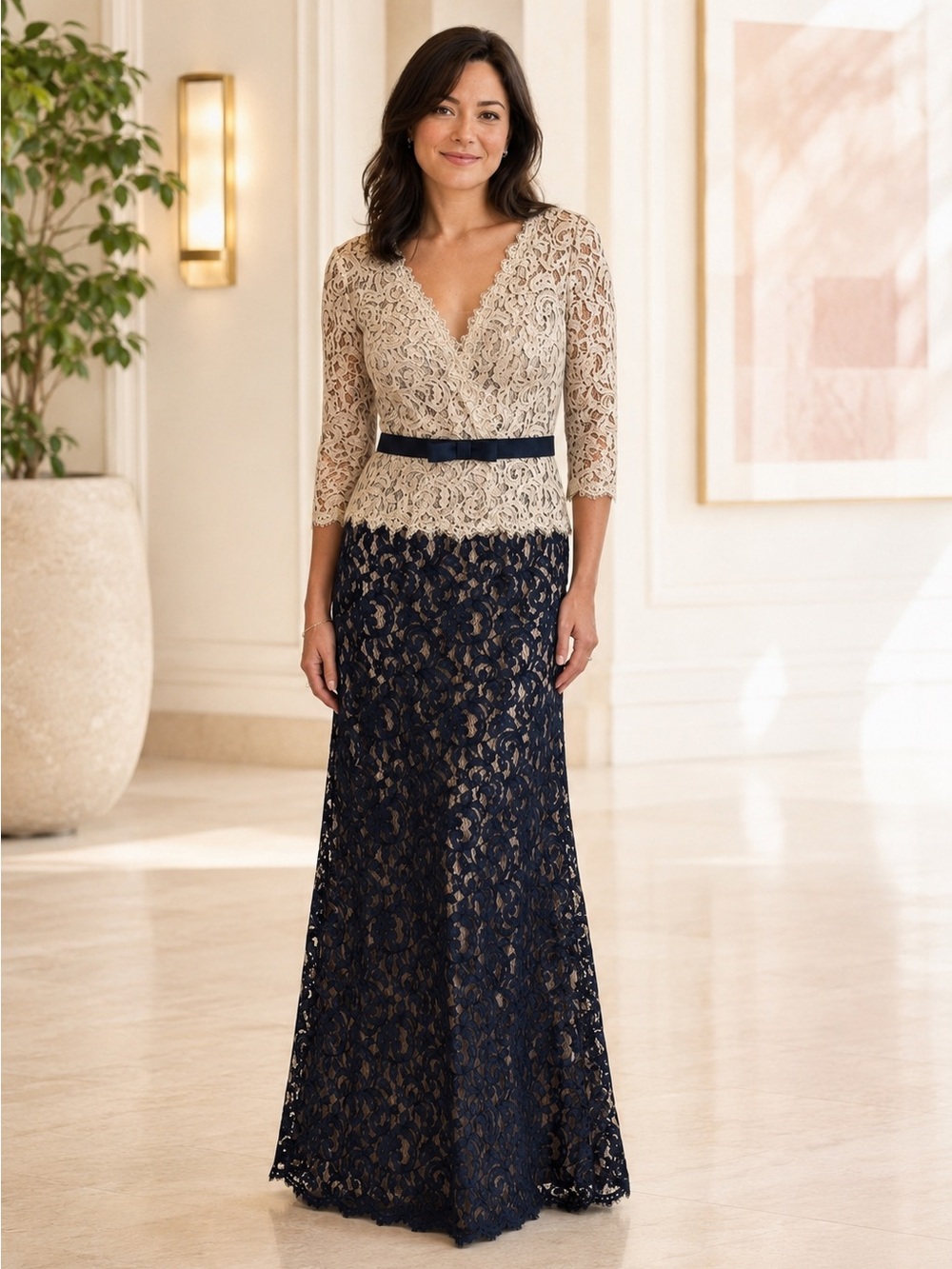 Tadashi Shoji | Cream Lace Bodice with Navy Lace Maxi Gown, Dress